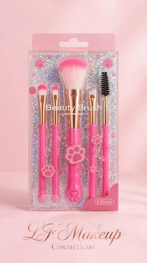 KIT 5 PINCÉIS BEAUTY BRUSH PATINHA ROSA - EDIÇÃO GLITTER - 5 STICKS